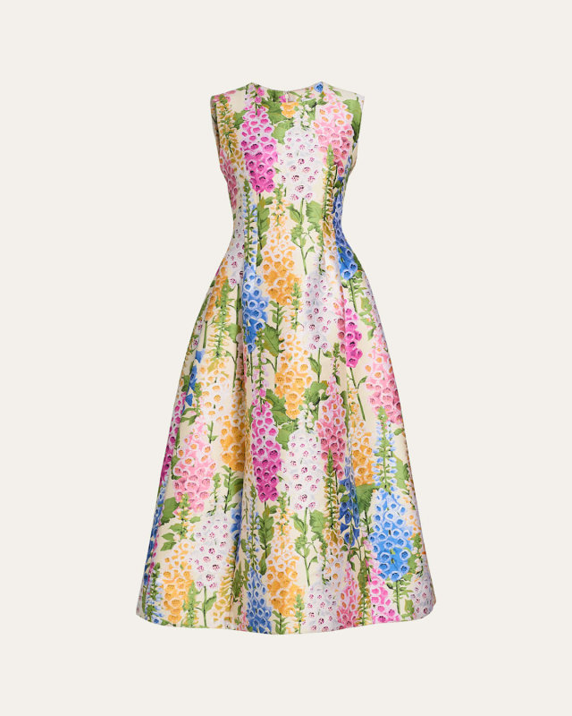 Sleeveless Multi Floral Jacquard Tea-Length Dress